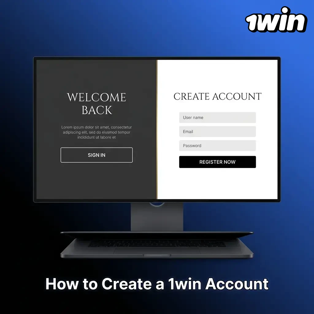 Step-by-step guide showing how to create a 1win account with registration form fields for email, password, and currency selection
